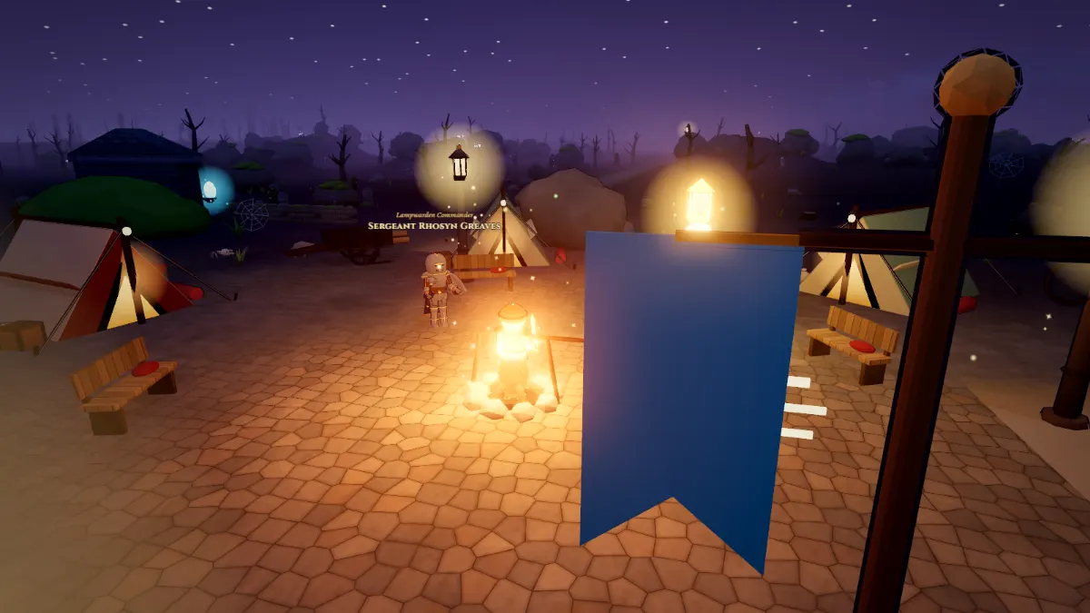 A Lampwarden camp by firelight at the edge of the Hollow Barrow