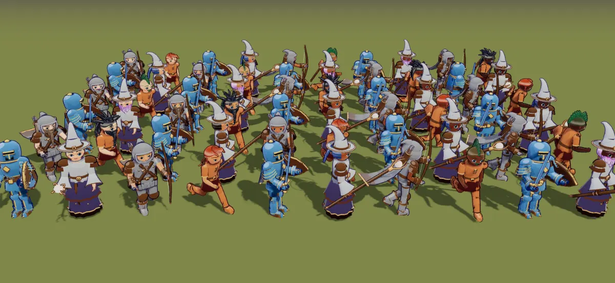 A crowd of adventurers in every armour tier